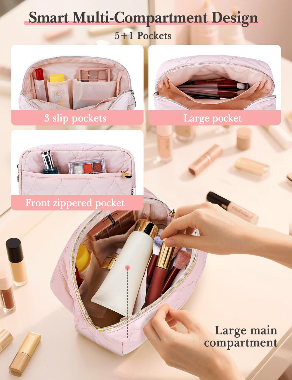Noozion makeup bag soft nylon exterior protects contents while feeling luxurious