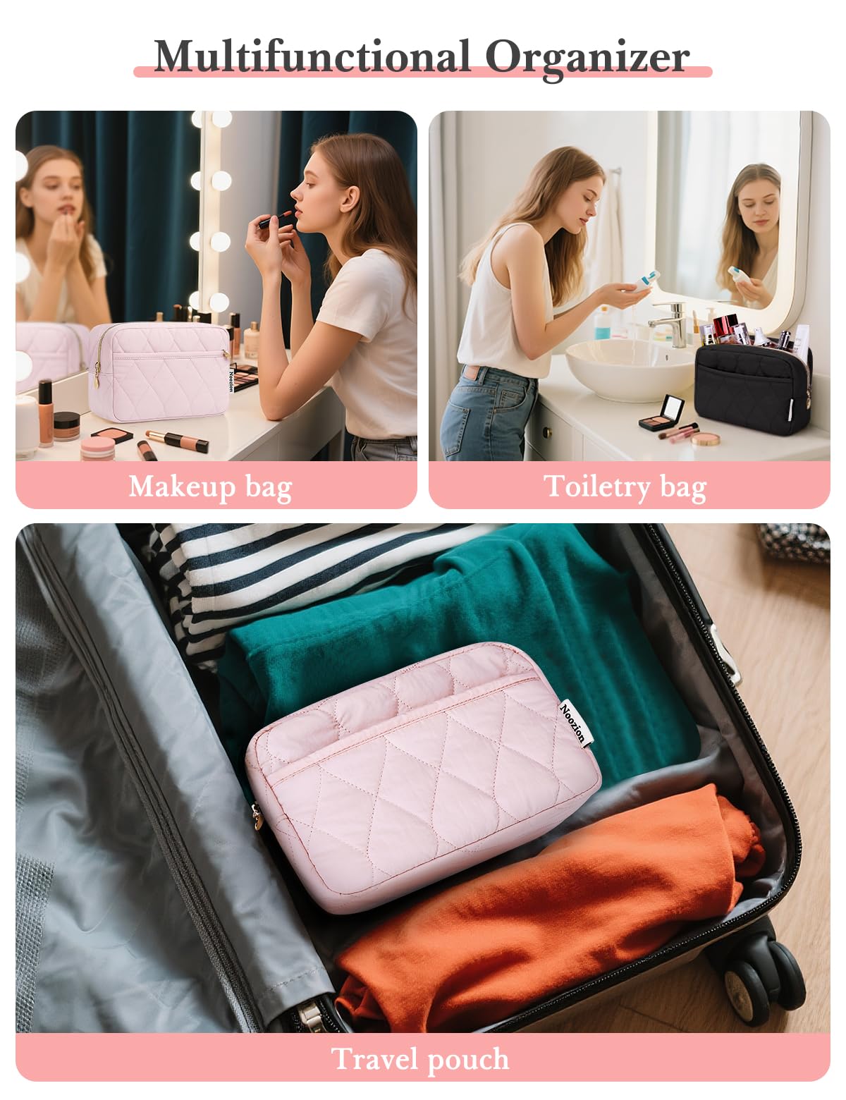 Noozion makeup bag travel-sized design fits in carry-on bags and purses