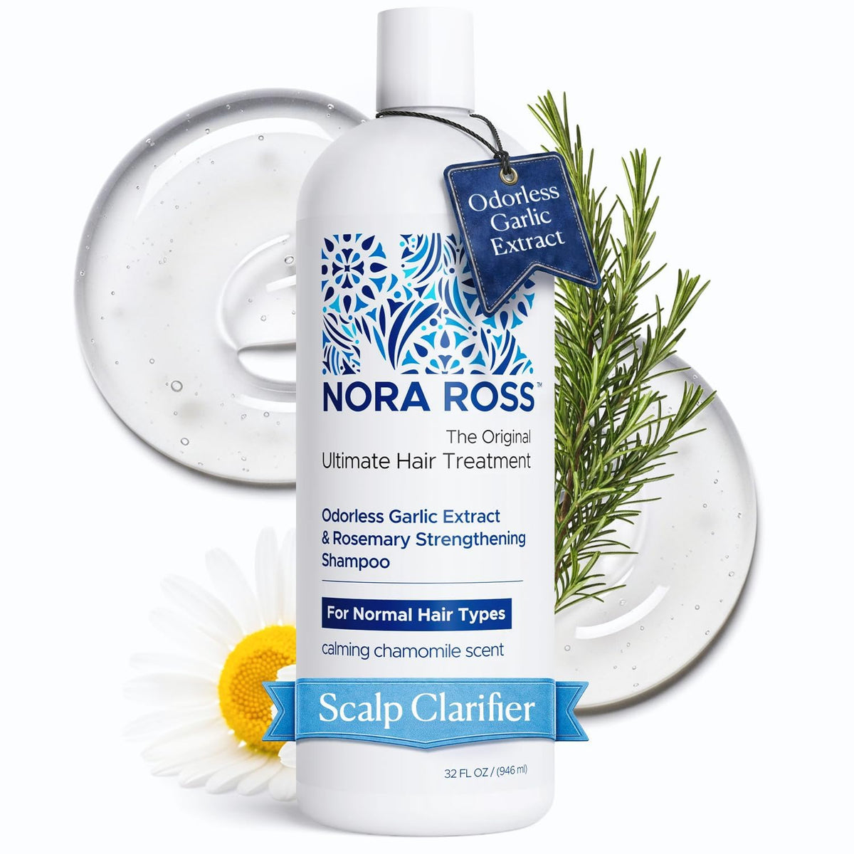 Nora Ross garlic extract shampoo bottle shows a strengthening formula for thin hair.