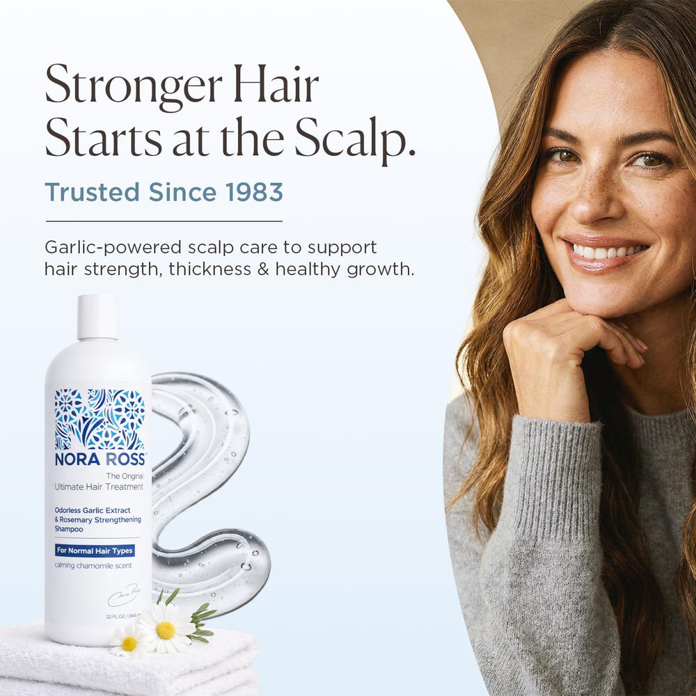 Nora Ross garlic extract shampoo pour demonstrates easy application for clarifying cleansing.