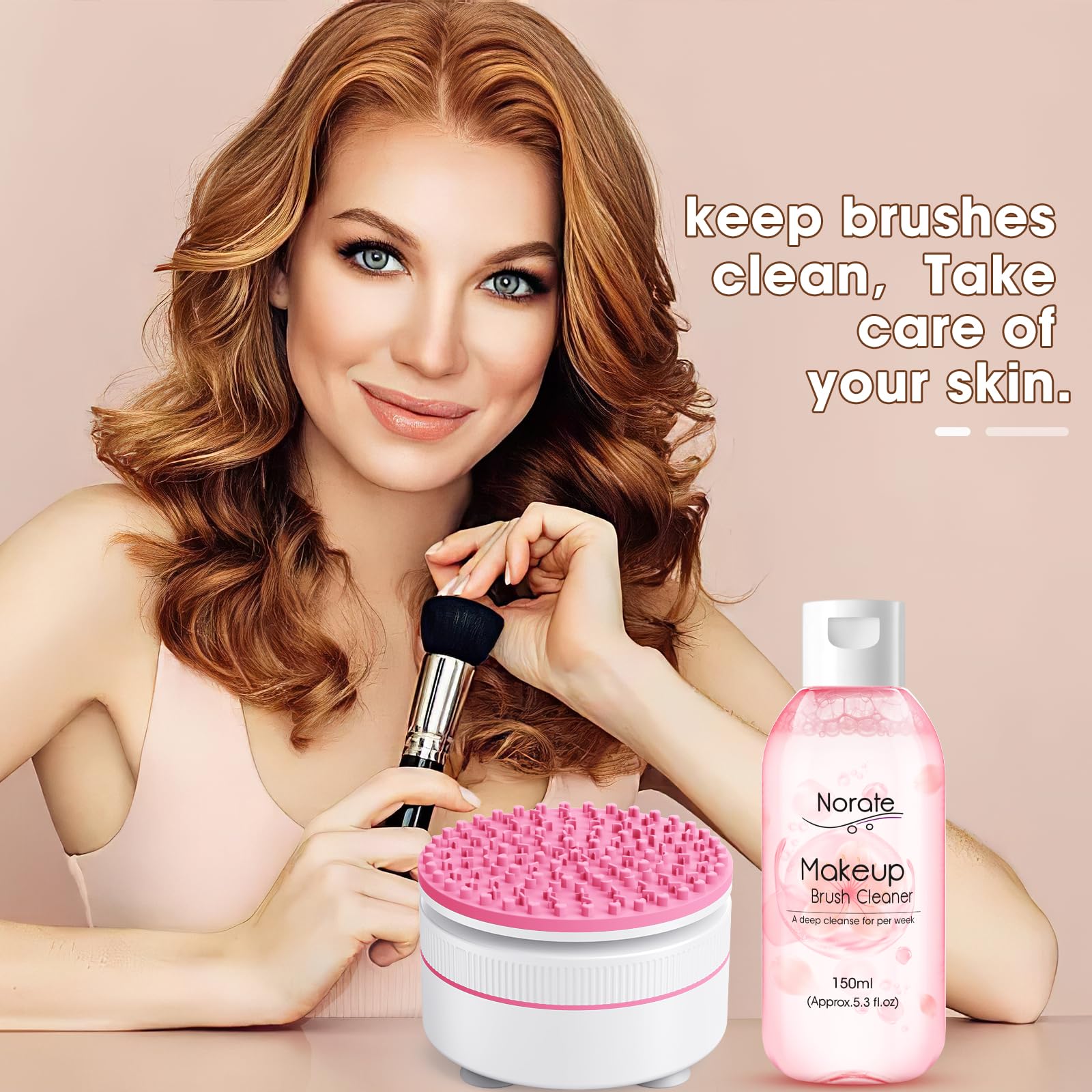 Norate makeup brush cleaner in action beside drying brushes.