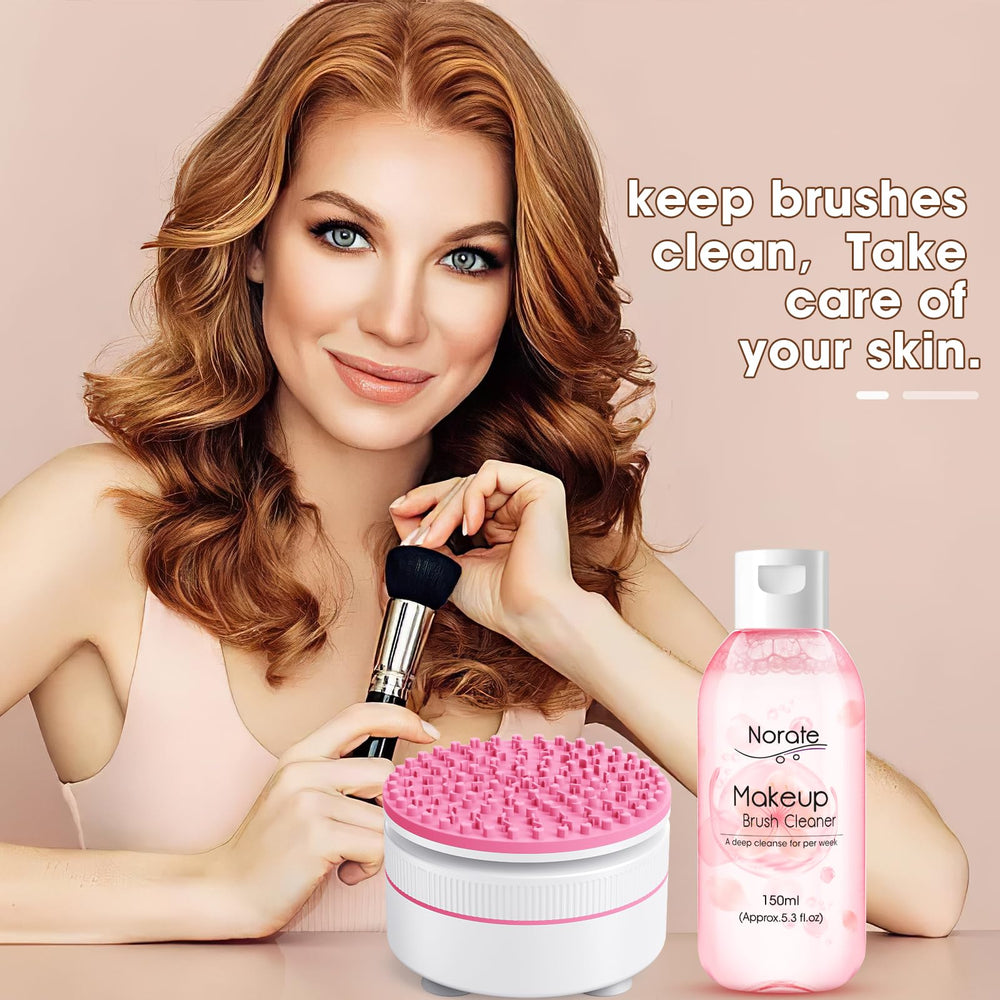 Norate makeup brush cleaner in action beside drying brushes.