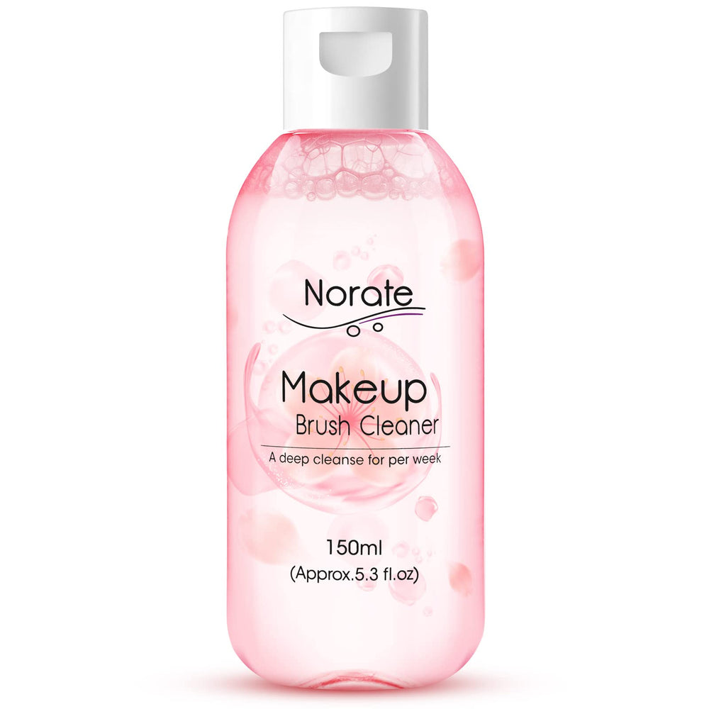 Norate makeup brush cleaner bottle closeup shows clear formula for fast cleansing.