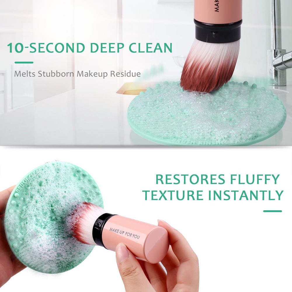 Norate cleanser bottle for brushes paired with mat for effective cleansing
