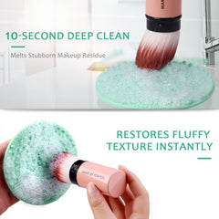 Norate cleanser bottle for brushes paired with mat for effective cleansing