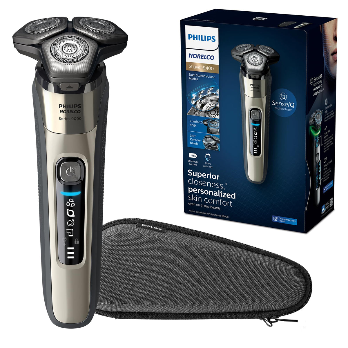 Norelco 9400 shaver blades close-up highlighting Dual SteelPrecision blades for a close shave.