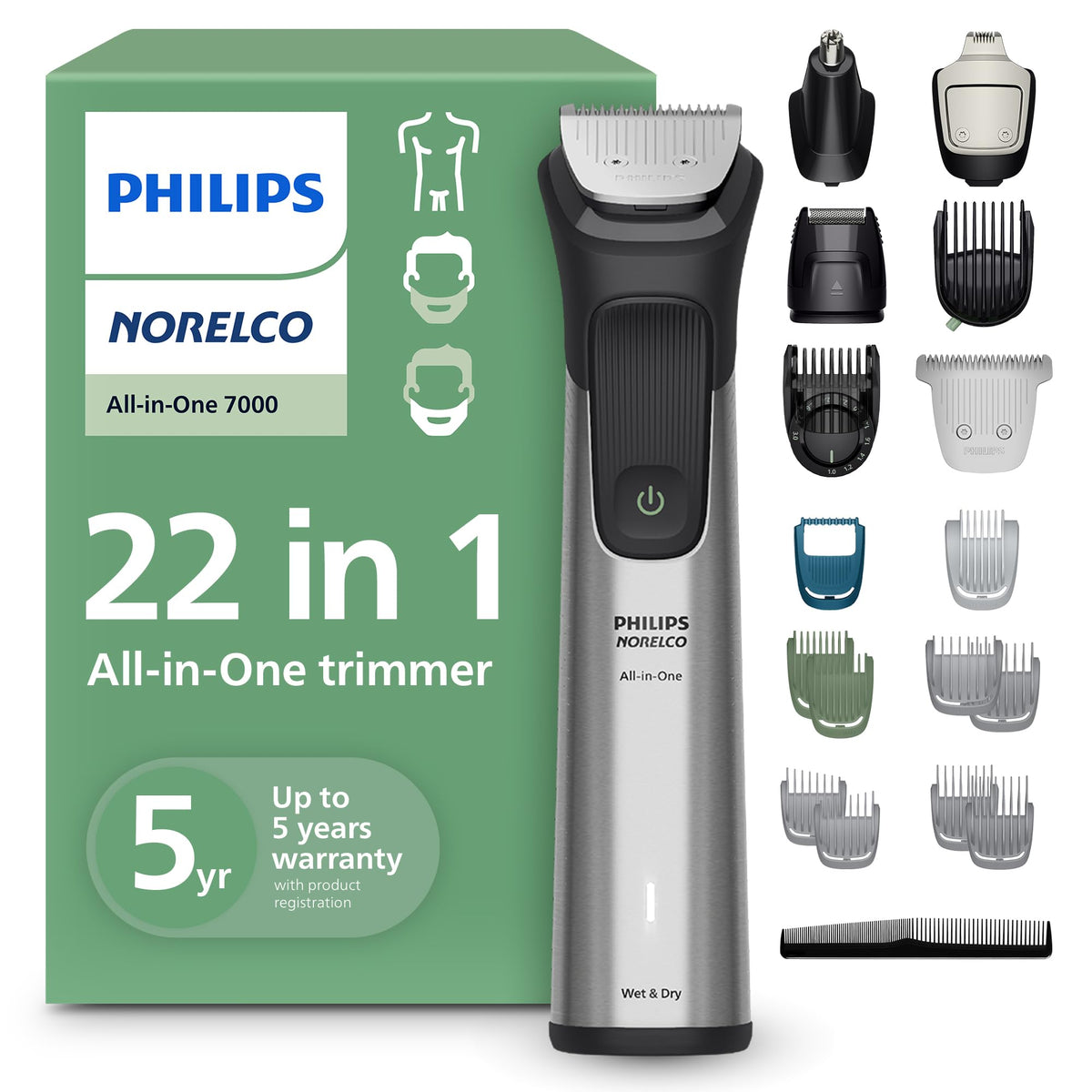 Norelco All-in-One 7000 Series attachments for beard, hair, nose and body trimming.