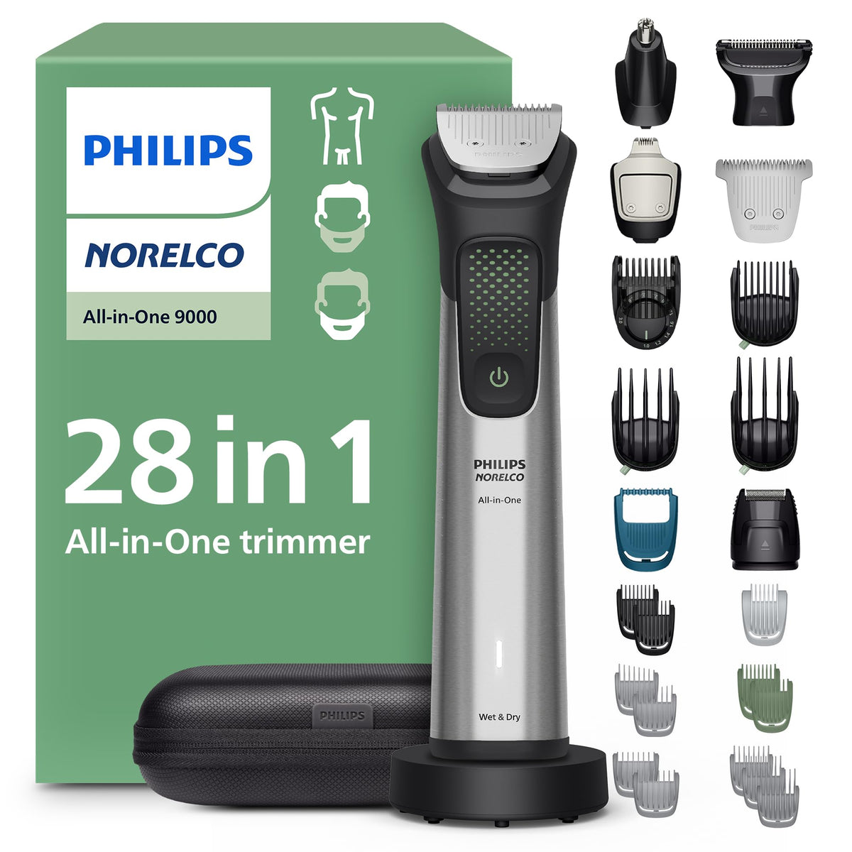 Norelco All-in-One 9000 Series with attachments for beard, hair, nose, and body trimming.