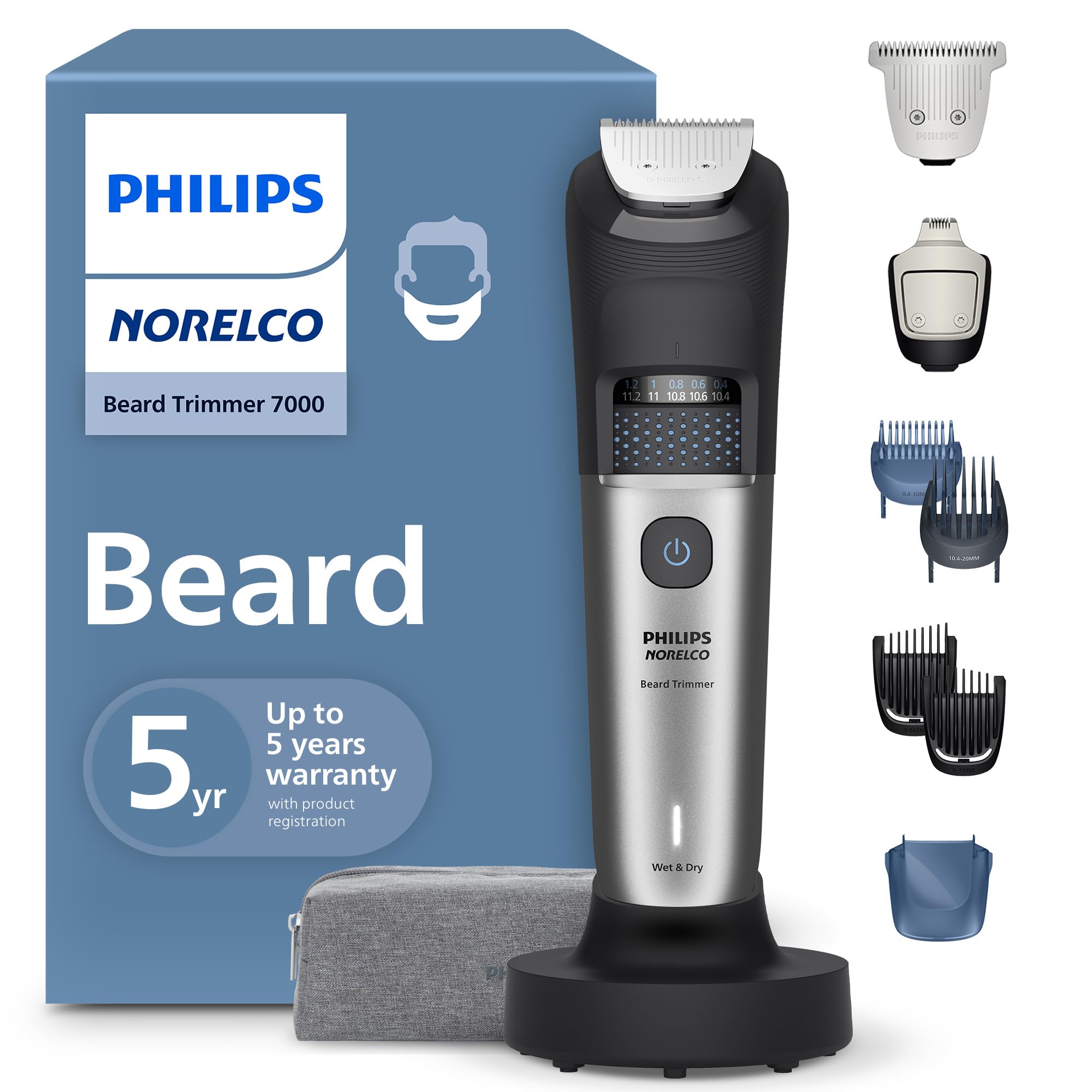 Norelco Beard Trimmer 7000 front-view showing precision styling for grooming