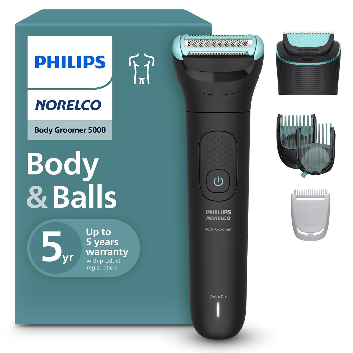 Norelco Body Groomer 5000 dual-head system for versatile body grooming across all zones.