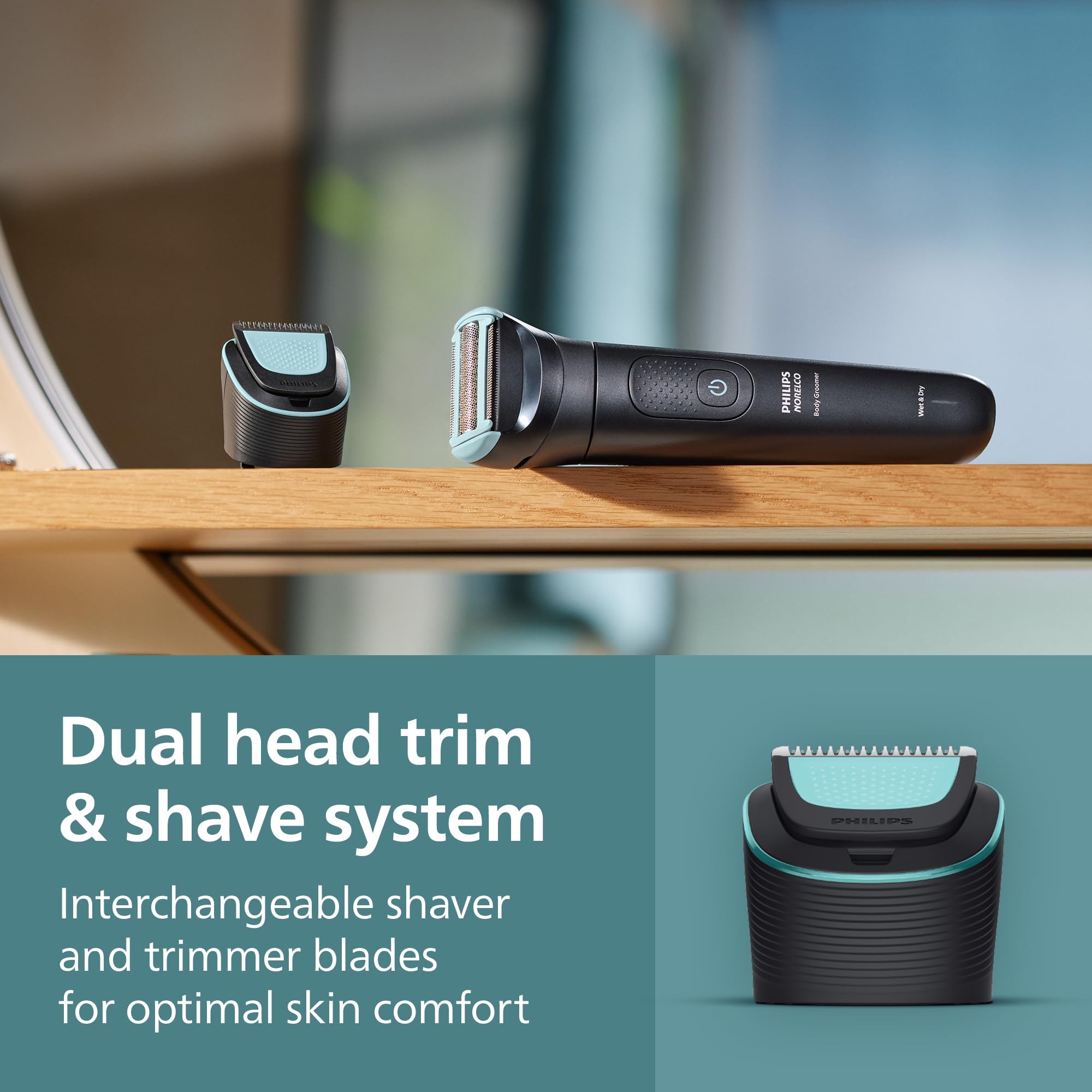 Norelco Body Groomer 5000 100-minute cordless runtime for long sessions.