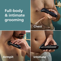 Norelco Body Groomer 5000 interchangeable trimming head for precise grooming in sensitive areas.