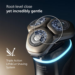 Triple Lift & Cut action lifts hairs for root-level clipping.