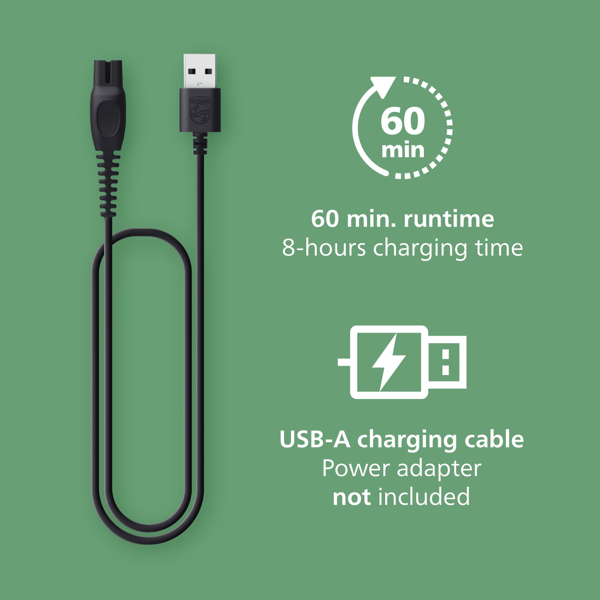 Norelco MG3939/50 USB-A charging for convenient on-the-go power.