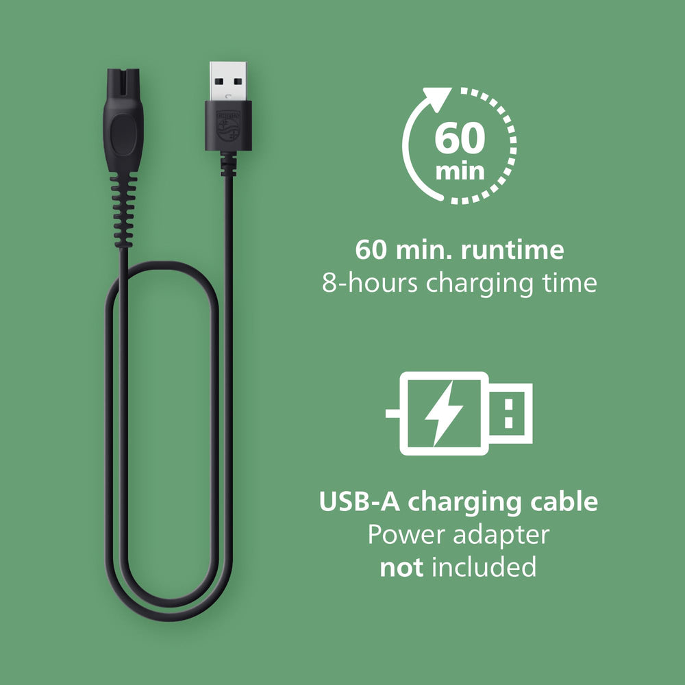 Norelco MG3939/50 USB-A charging for convenient on-the-go power.