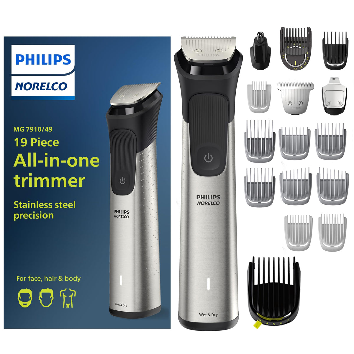 Norelco MG7910 Multigroom kit for versatile beard, hair, and body grooming.