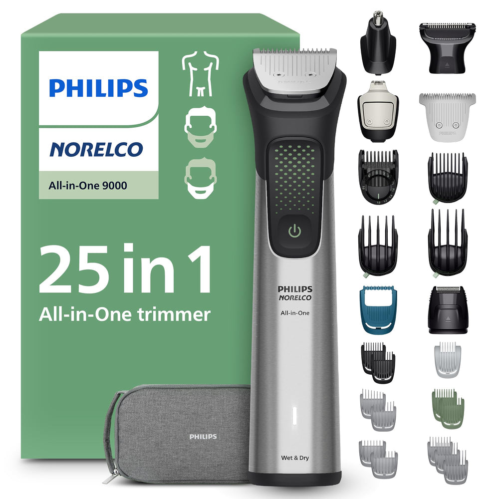 Norelco MG9580 All-in-One Trimmer with 25 attachments for versatile grooming.