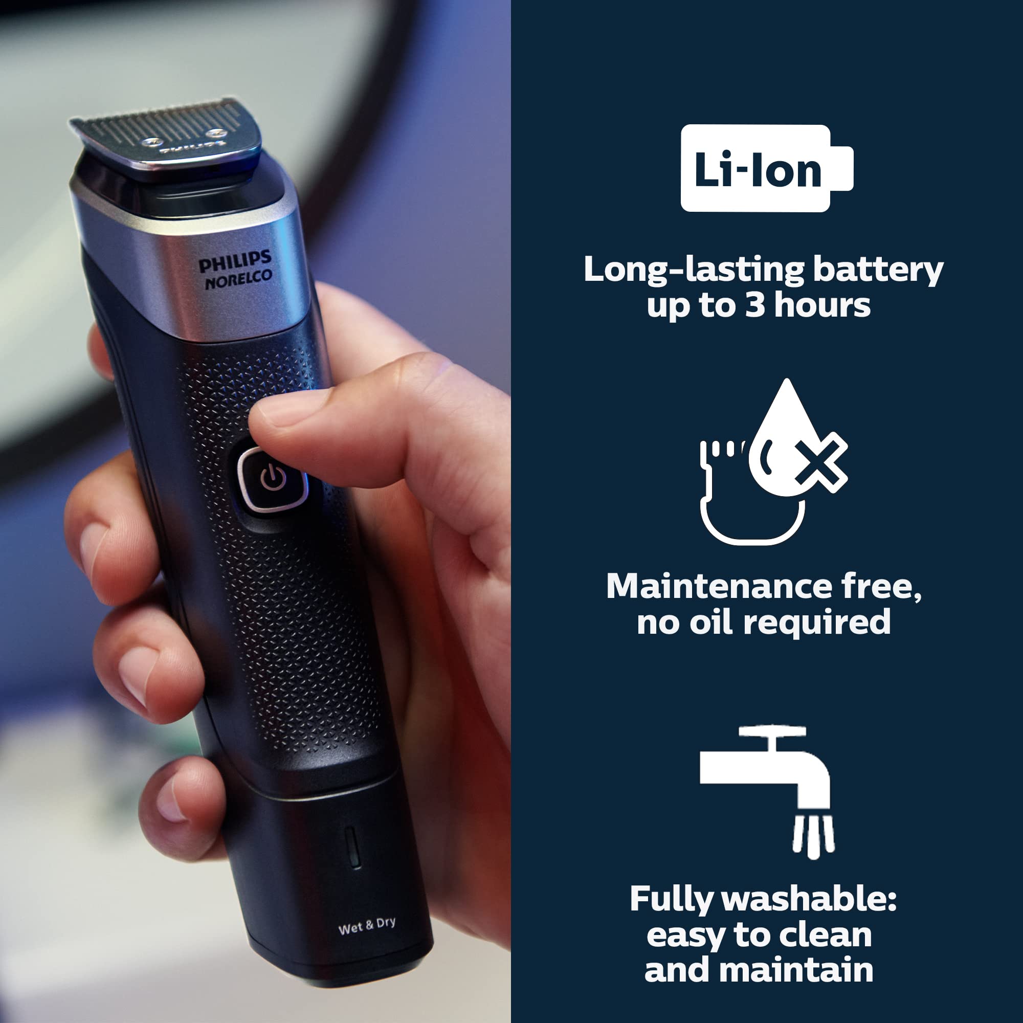 Norelco Multigroom 5000 battery indicator shows when to recharge for reliable grooming.