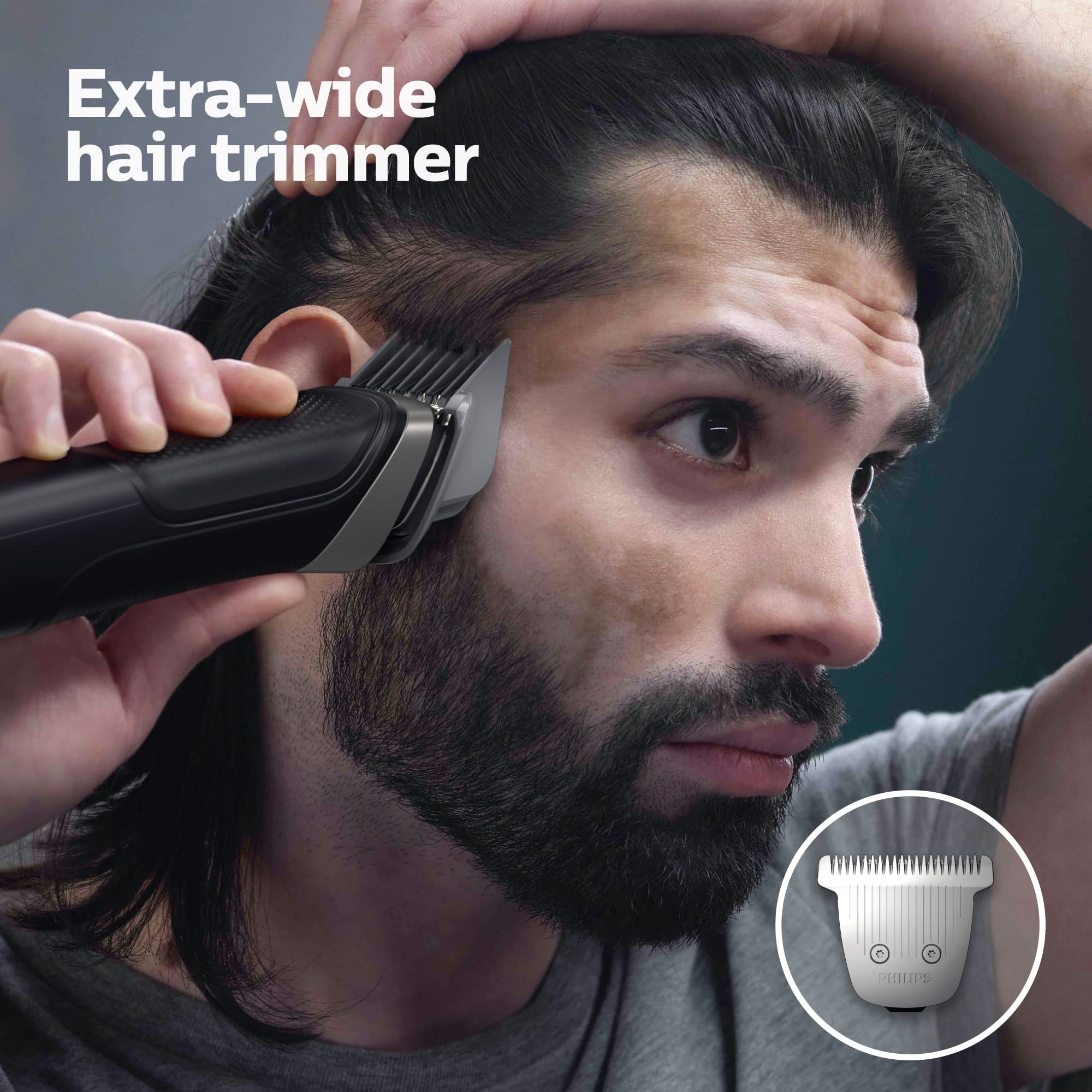 Norelco Multigroom 5000 extra-wide hair trimmer speeds large-area grooming.