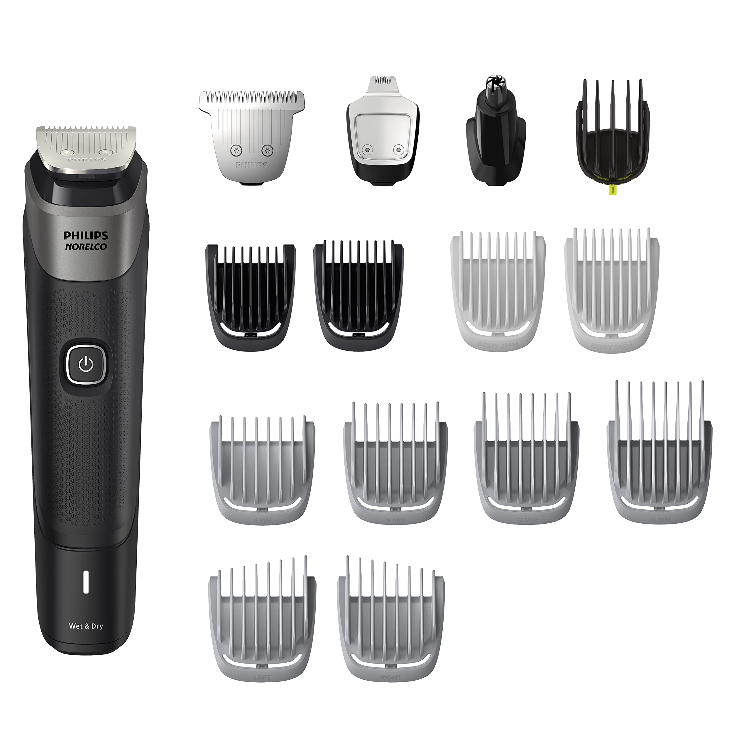 Norelco Multigroom 5000 titanium blades provide precise trimming and long-lasting sharpness.