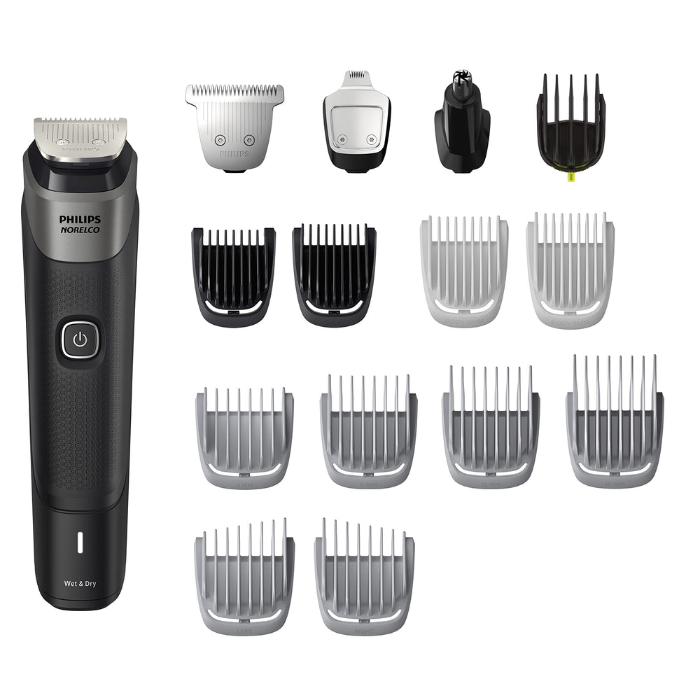 Norelco Multigroom 5000 titanium blades provide precise trimming and long-lasting sharpness.