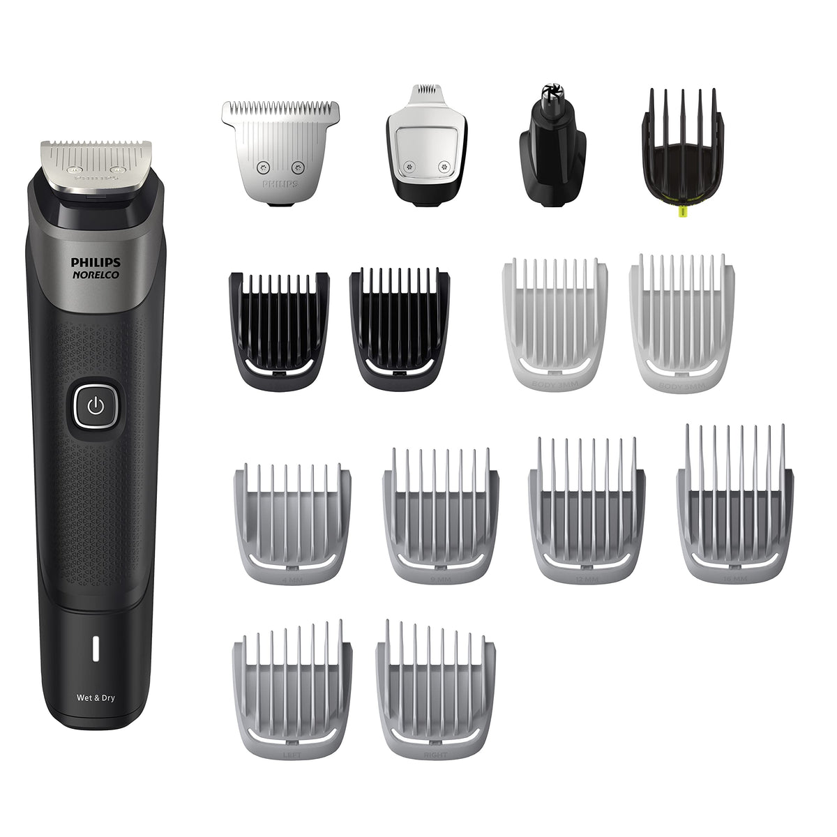 Norelco Multigroom 5000 titanium blades provide precise trimming and long-lasting sharpness.