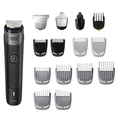 Norelco Multigroom 5000 titanium blades provide precise trimming and long-lasting sharpness.