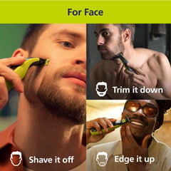 Norelco OneBlade 360 blade for body trimming enables quick, even results.
