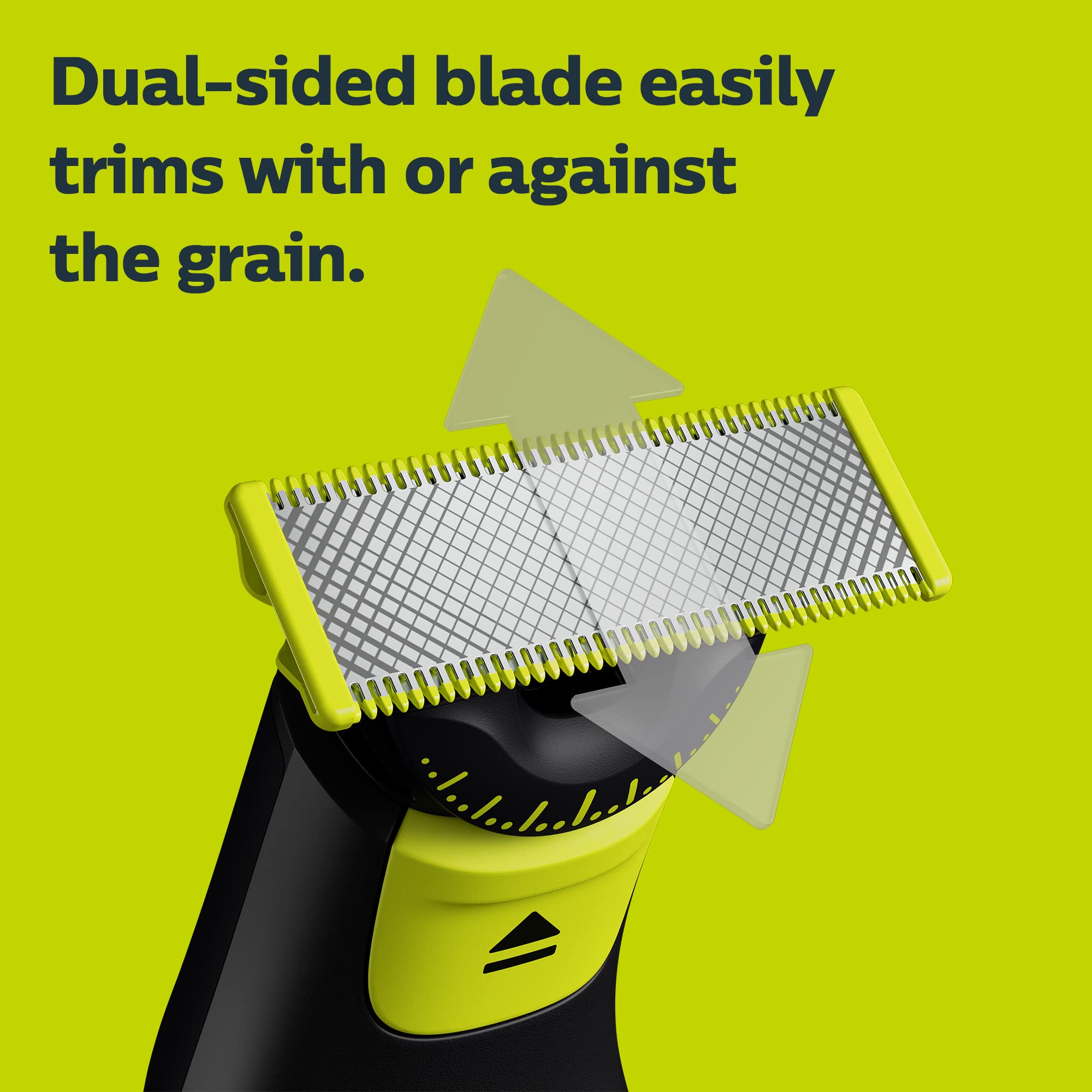 Norelco OneBlade 360 blade edge trimming close-up.