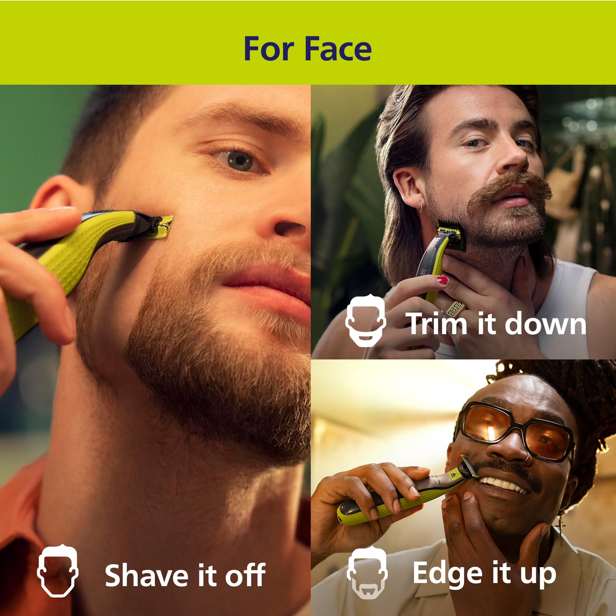 Norelco OneBlade 360 Face + Body shows 360 blade flexing to follow contours for comfort