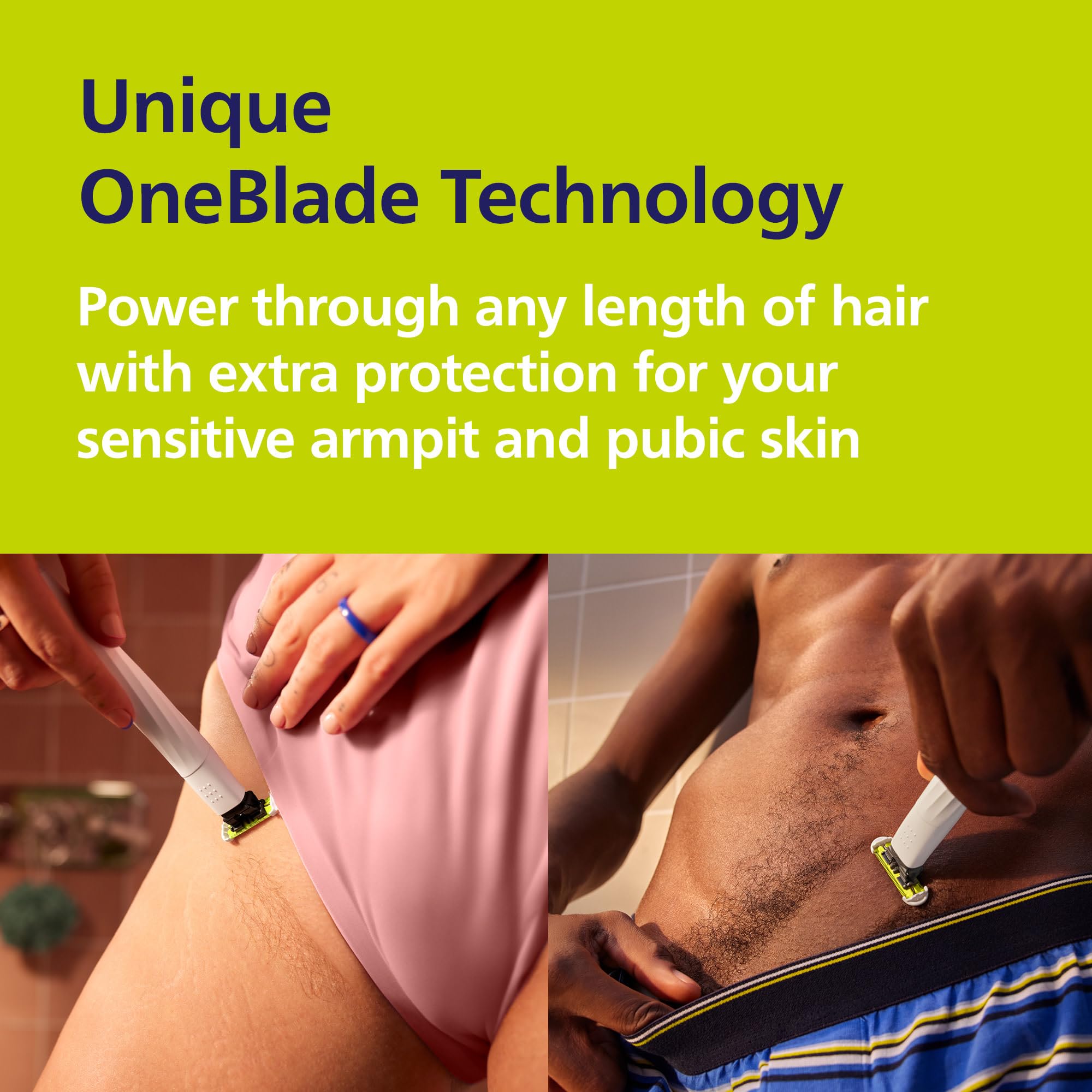 Norelco OneBlade Intimate IPX7 waterproof design for wet or dry use.