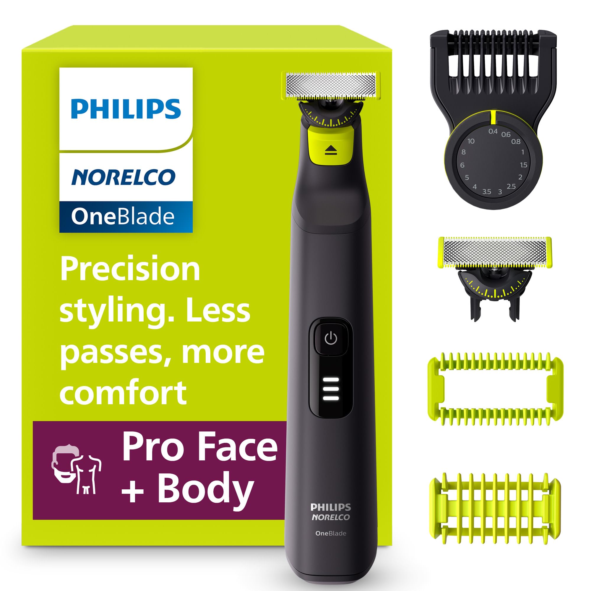 Norelco OneBlade Pro 360 blade on face and body for smooth, precise shaving.
