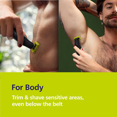 Norelco OneBlade Pro body kit with 3mm guard for safe body grooming.