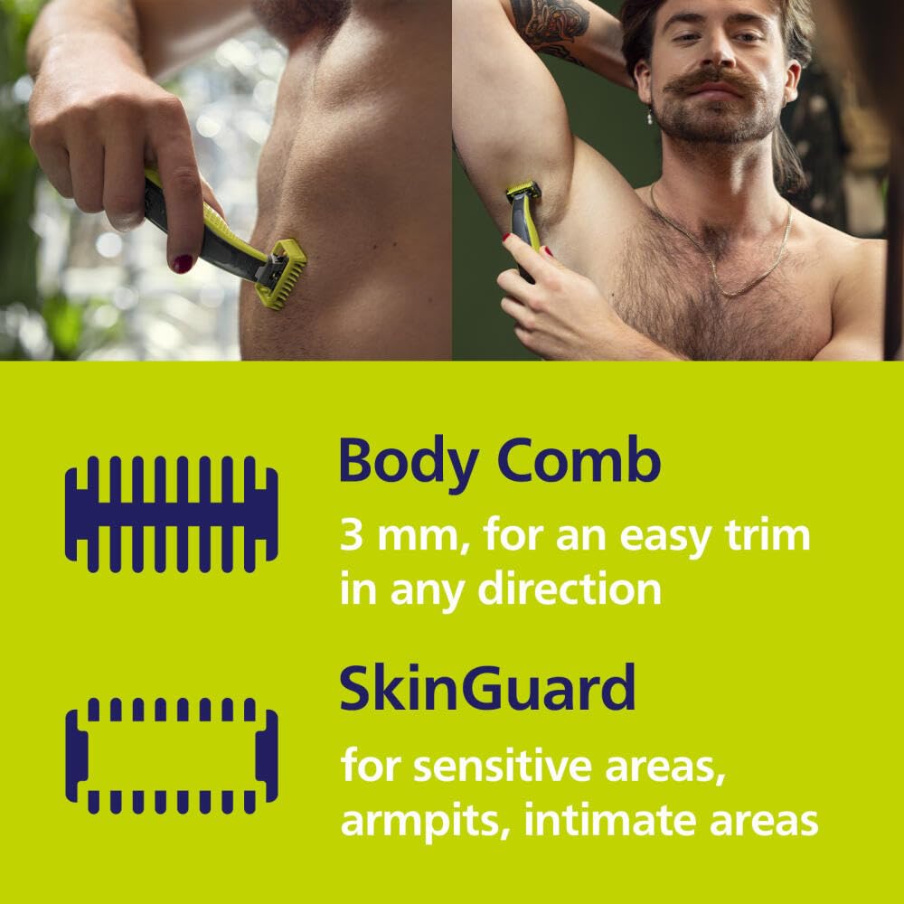 Norelco OneBlade replacement pack highlights long-lasting blades for everyday grooming.