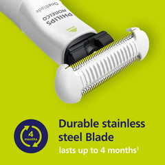 Norelco OneBlade waterproof design for in-shower use and easy cleaning.