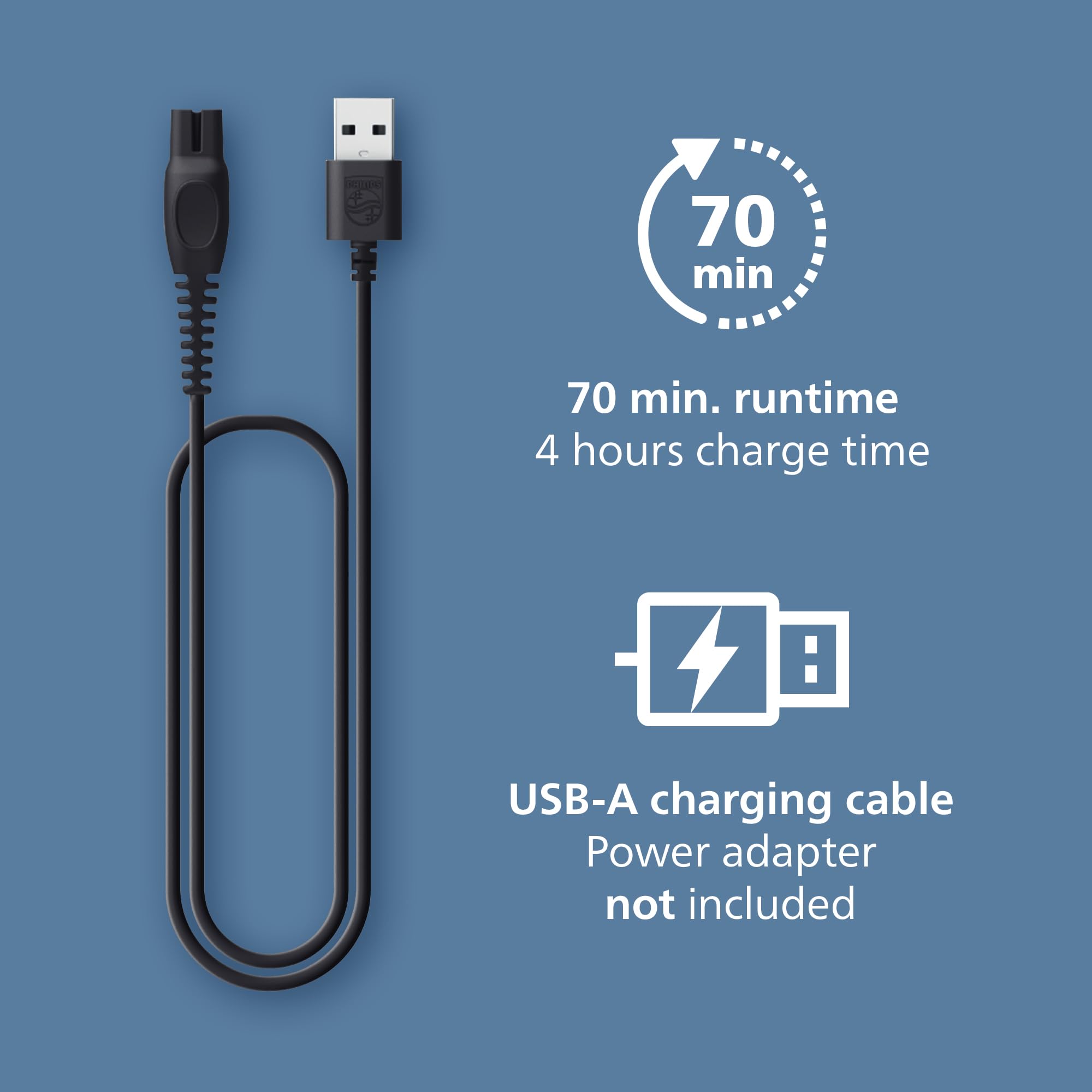 Up to 70 minutes of cordless use with USB charging