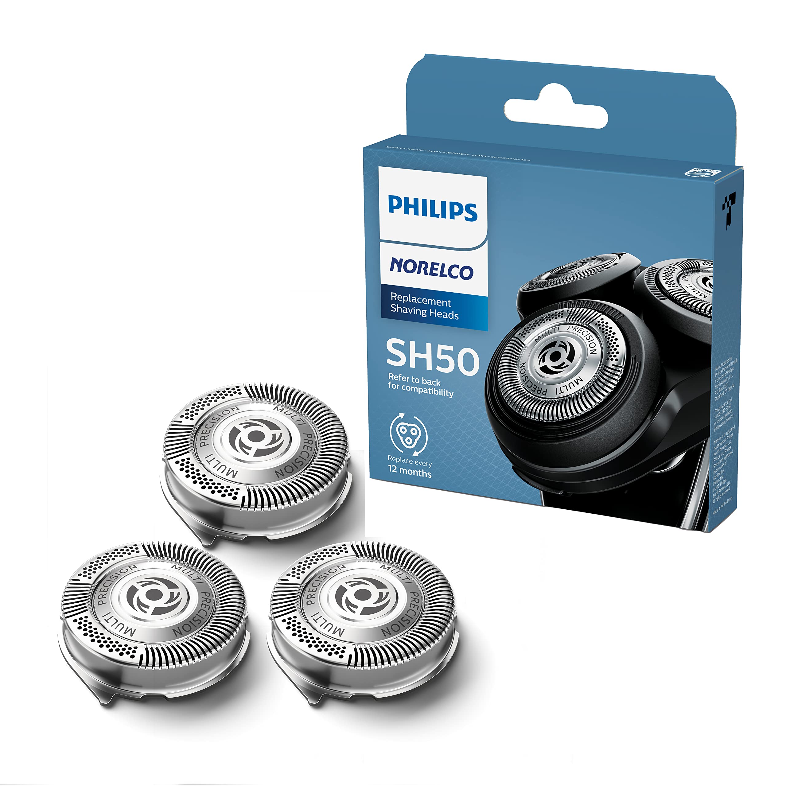 Norelco SH50/52 replacement head close-up showing precision blades for smooth shaving