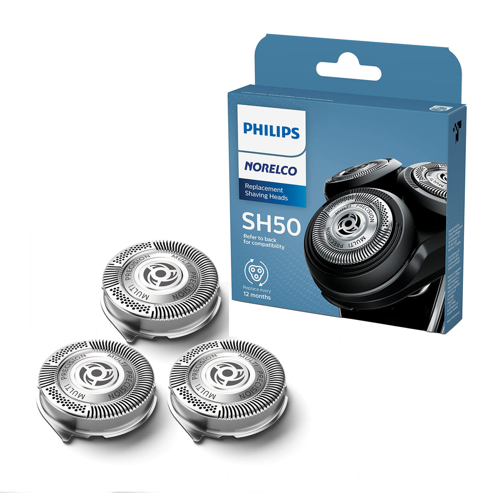 Norelco SH50/52 replacement head close-up showing precision blades for smooth shaving