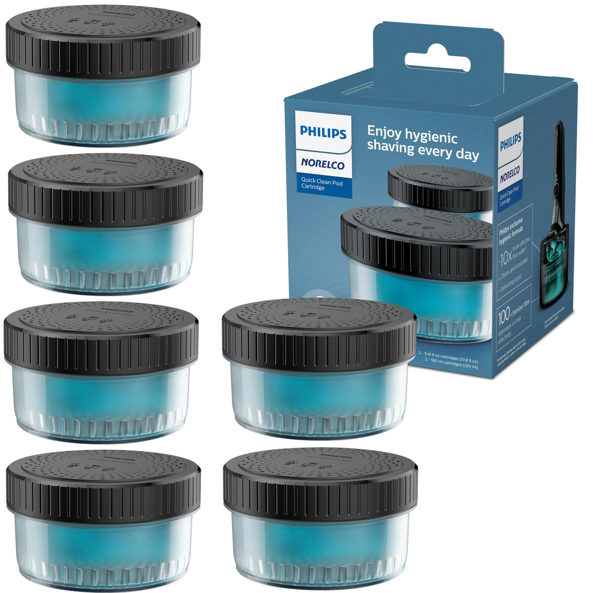 Norelco Quick Clean Pod BD9011AZ packaging highlighting six cartridges for long-term upkeep