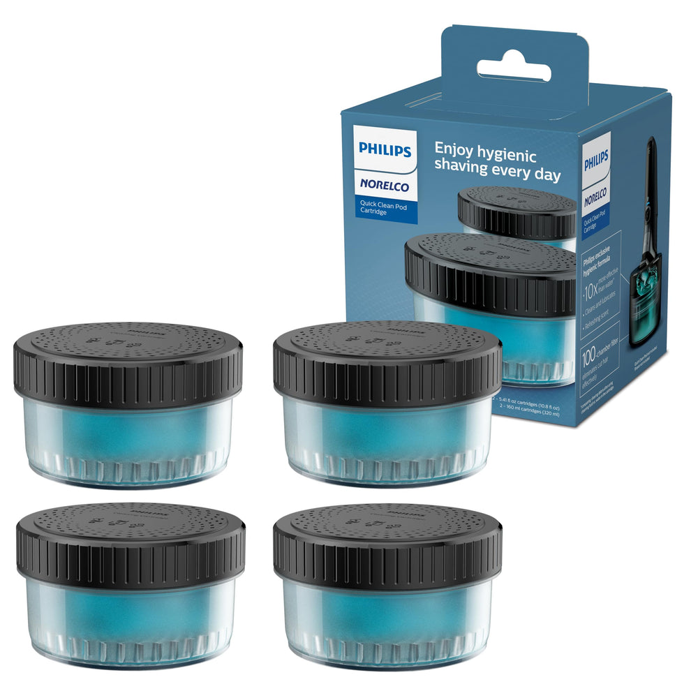 Norelco Quick Clean Pod packaging for year-long maintenance supply.