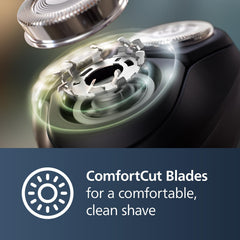 Norelco ComfortCut blades close-up highlighting precision and gentle cutting.