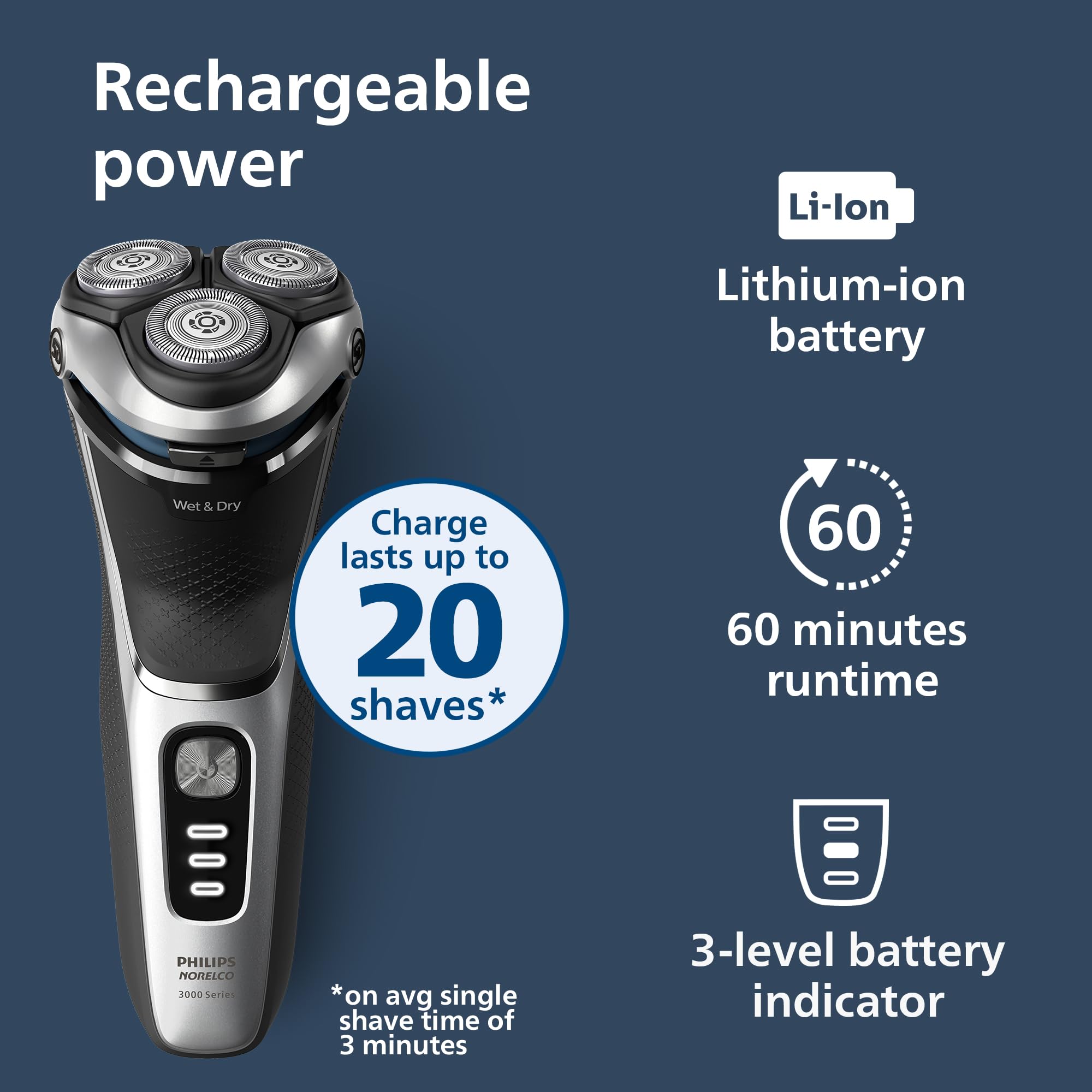 Norelco Shaver 3900 battery, 60 minutes cordless shaving per charge.