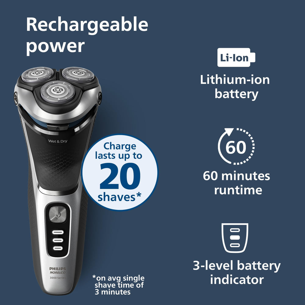 Norelco Shaver 3900 battery, 60 minutes cordless shaving per charge.