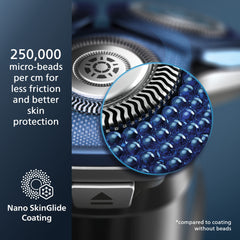 Norelco Shaver 7200 side view highlights slim profile for precise maneuvering.
