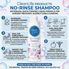 No-Rinse CleanLife bottle being poured, quick lather for travel or bedside care.