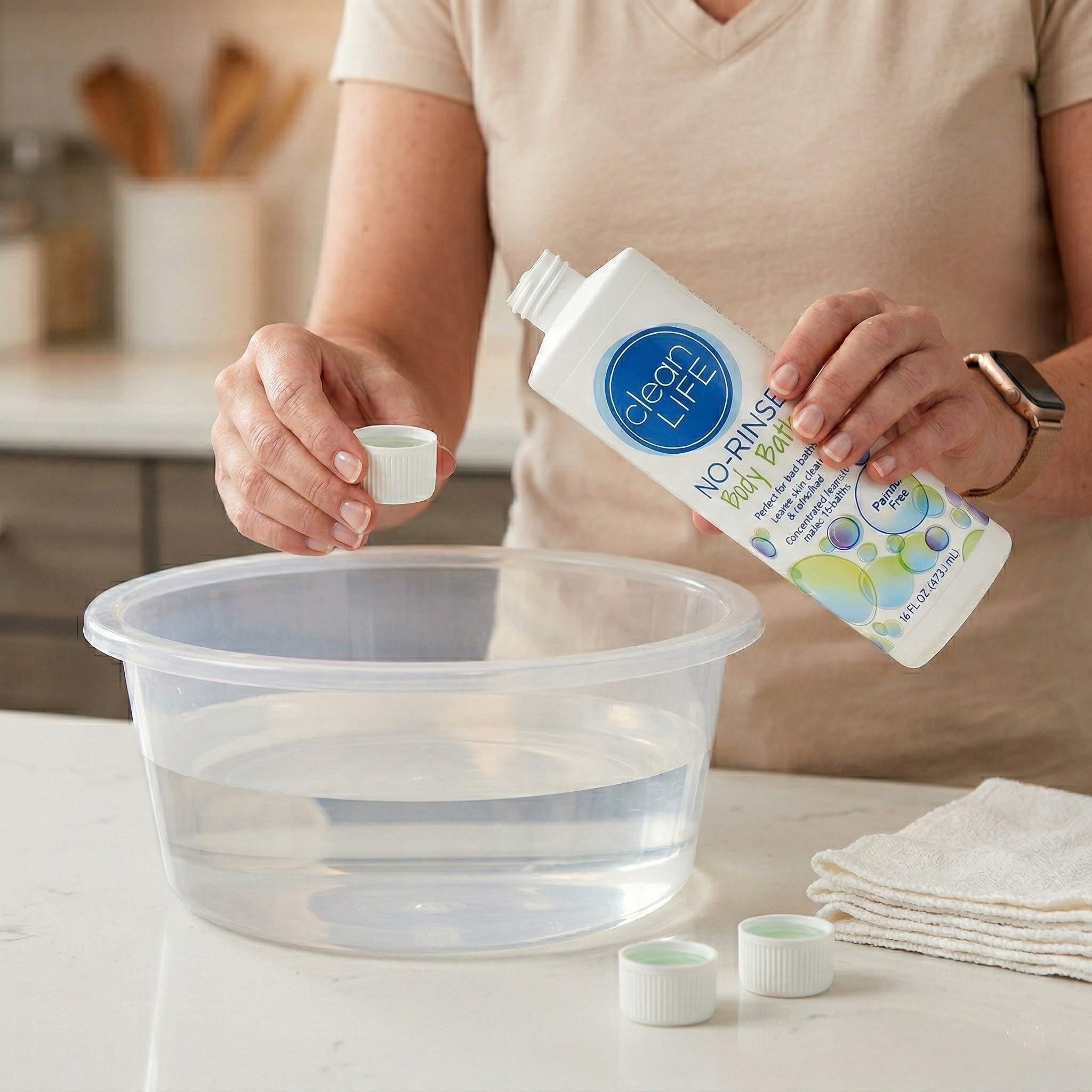 No-Rinse CleanLife Cuidado Postquirurgico: uso en cama para higiene diaria sin esfuerzo.