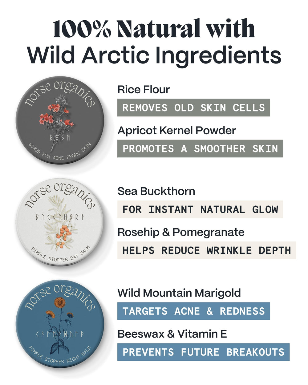 Norse Organics Arnica flower – soothing extract to calm skin after daily wear.