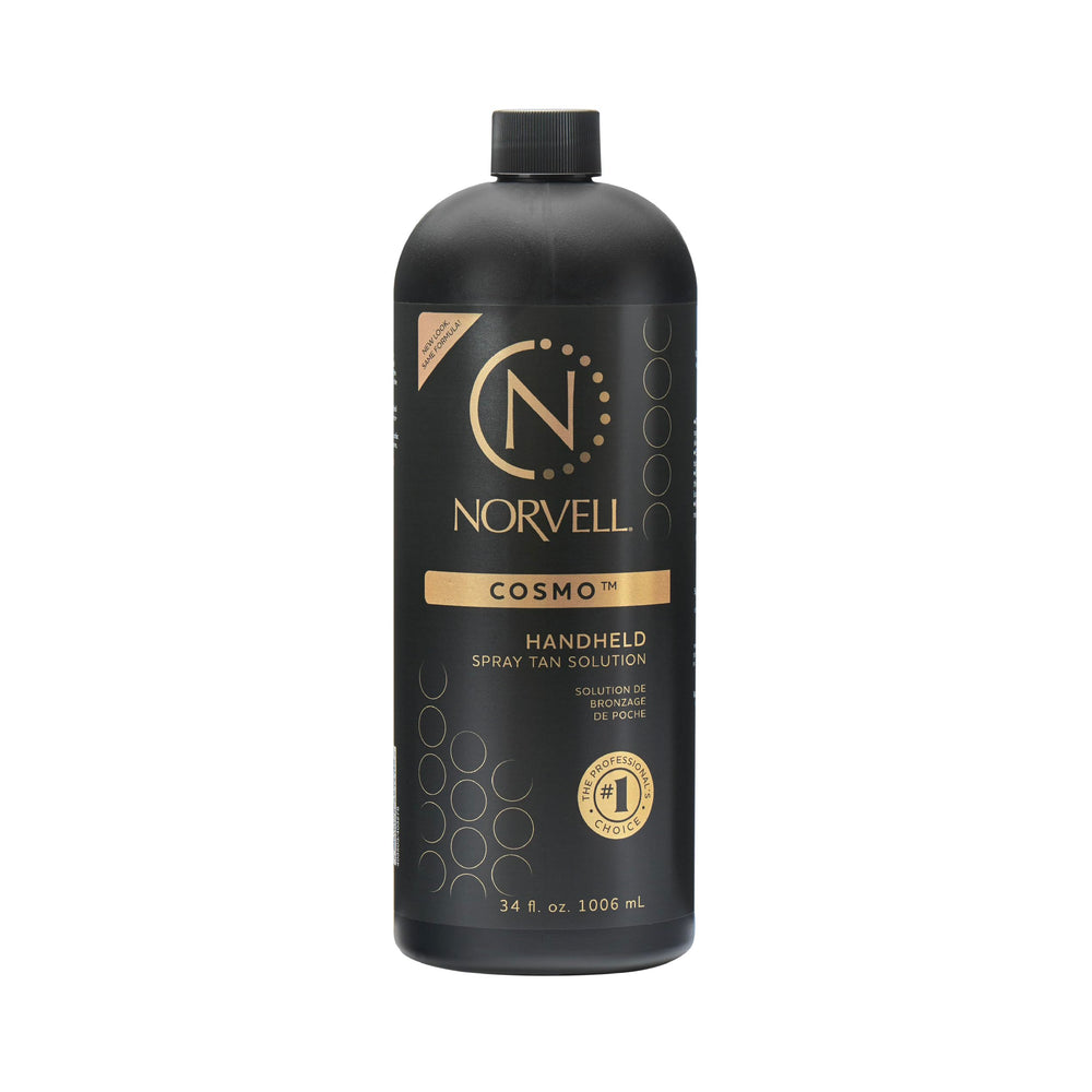Norvell Cosmo spray tan bottle shows natural-looking bronze glow.