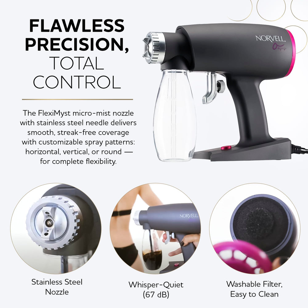 FlexiMyst sprayhead with micro mist for a smooth, streak-free bronze glow.