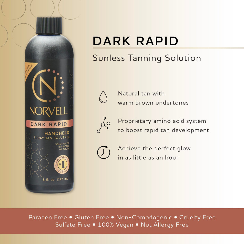 Norvell Premium Spray Tan Dark Rapid bottle highlights quickly developing bronze shade.